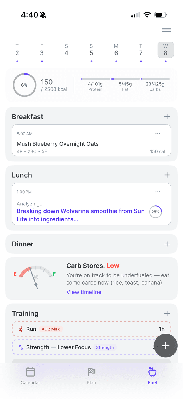 Snacks athlete nutrition tracking with 3D-measured macros