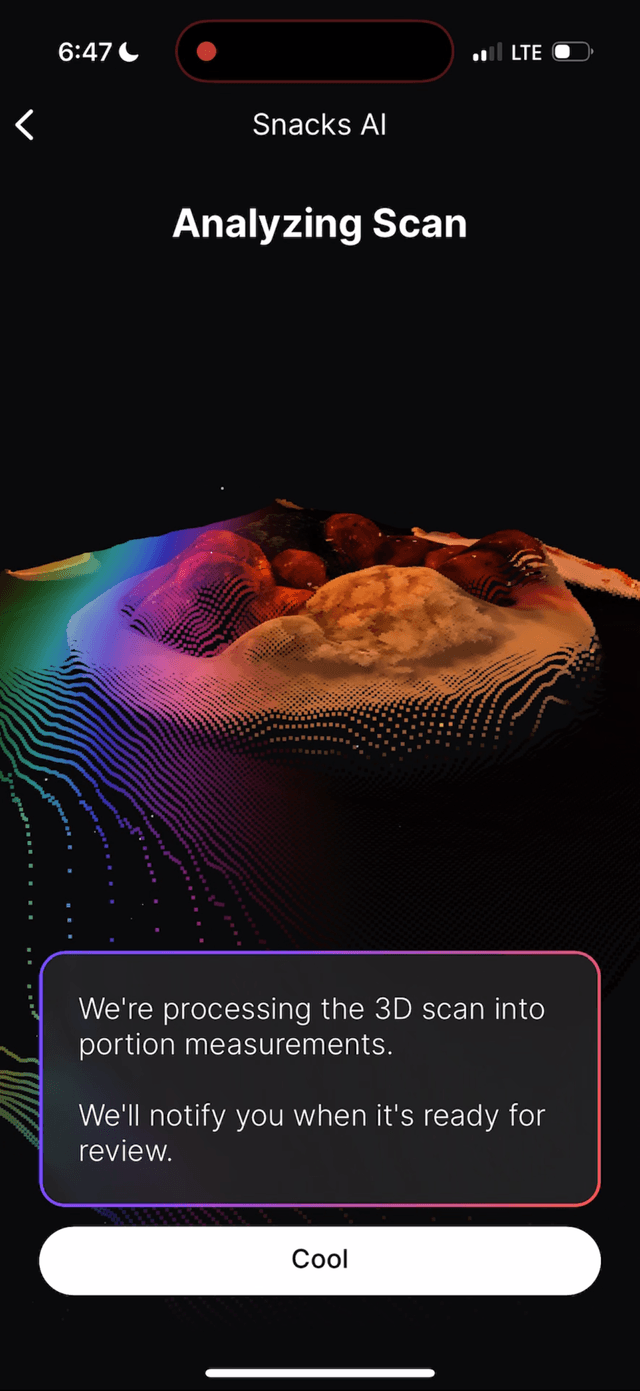 Snacks AI analyzing a 3D food scan
